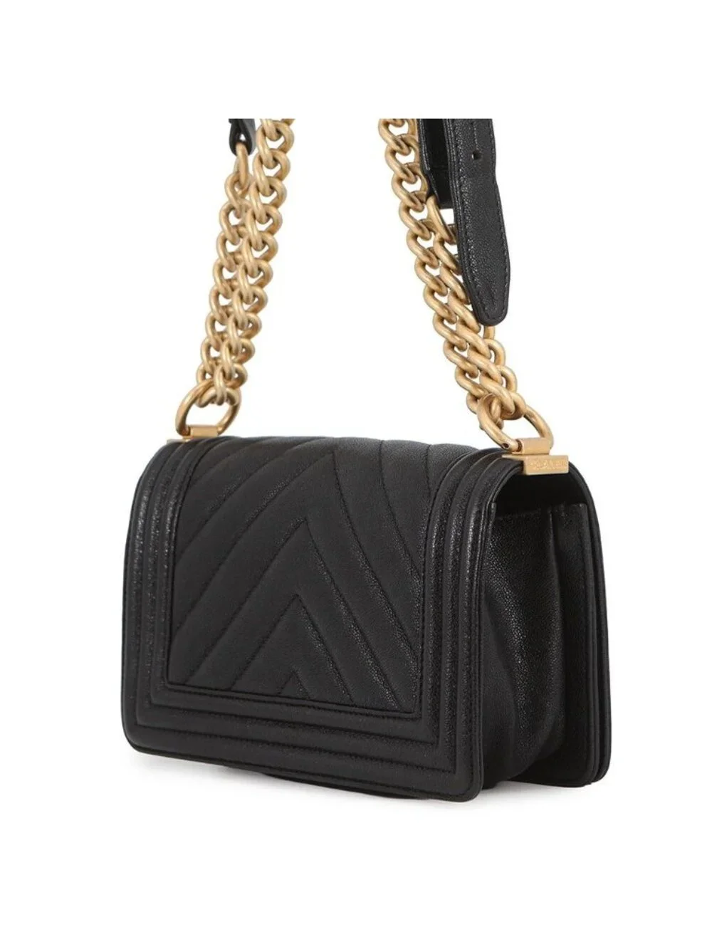 Chanel Chain Shoulder Bag Boy Small Quilted CC Logo Caviar Leather Black